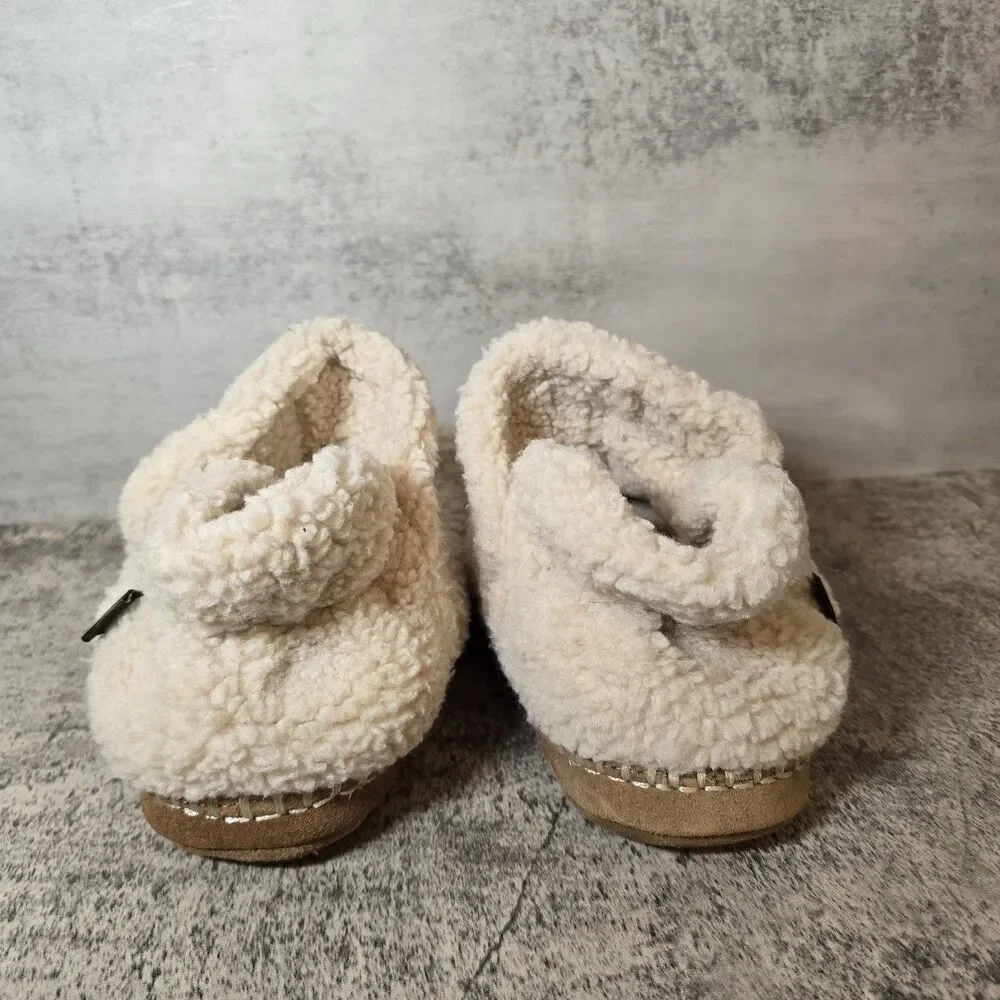 LL Bean Cozy Slippers Cream Pile Fleece Sherpa Comfort Booties Kids Sz 5-6